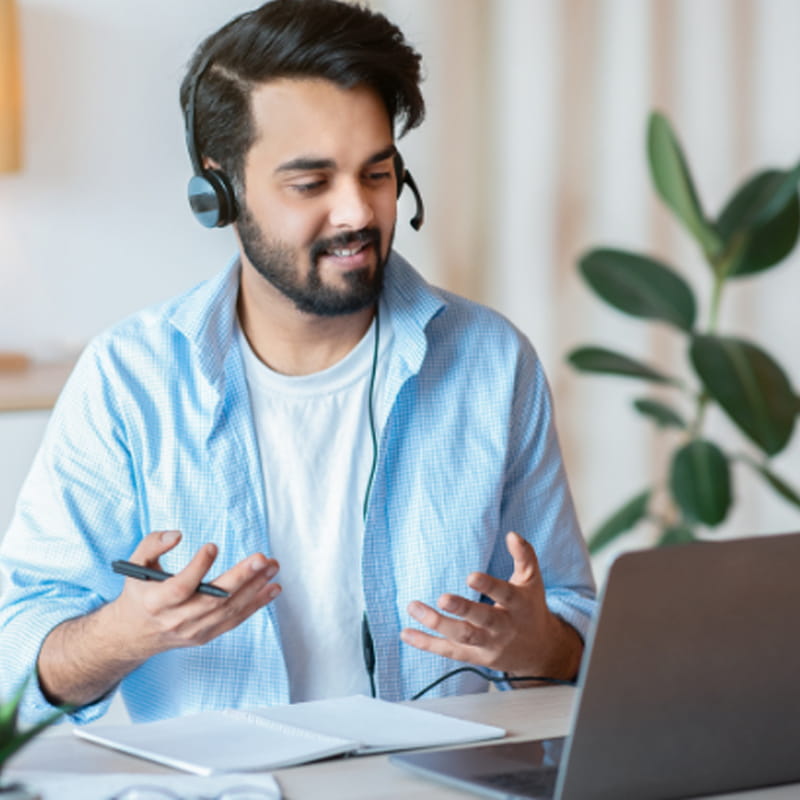 man on webinar call