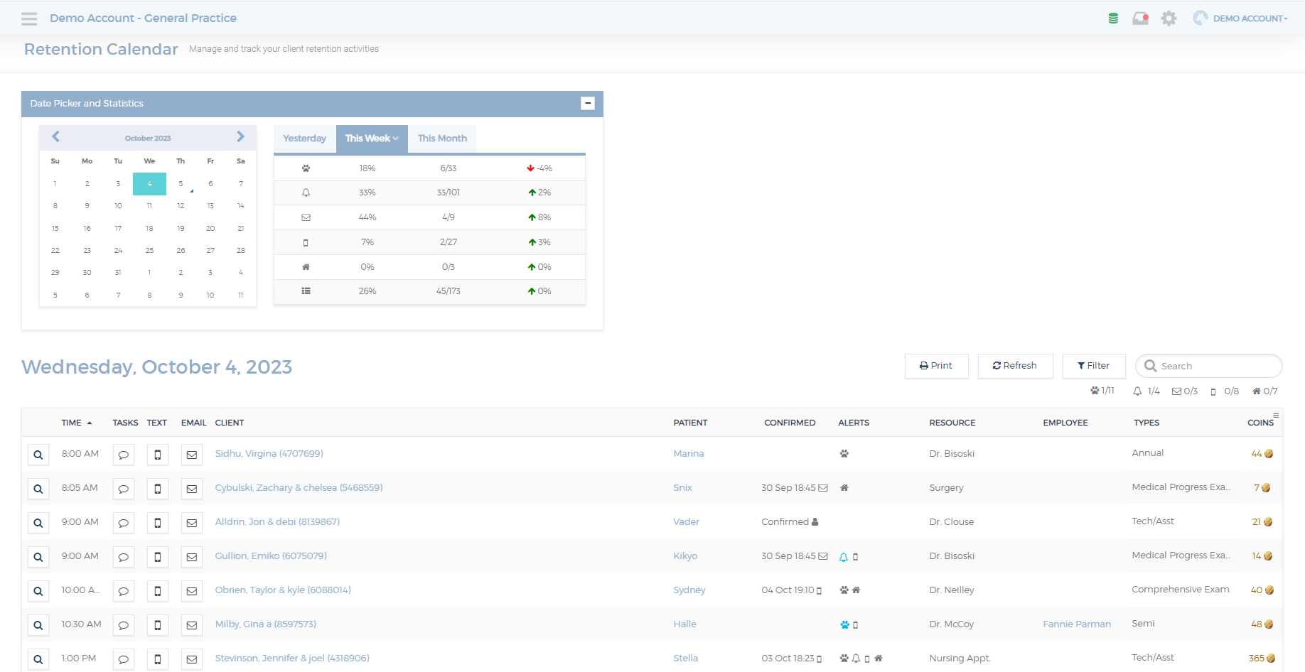 Screenshot of retention calendar